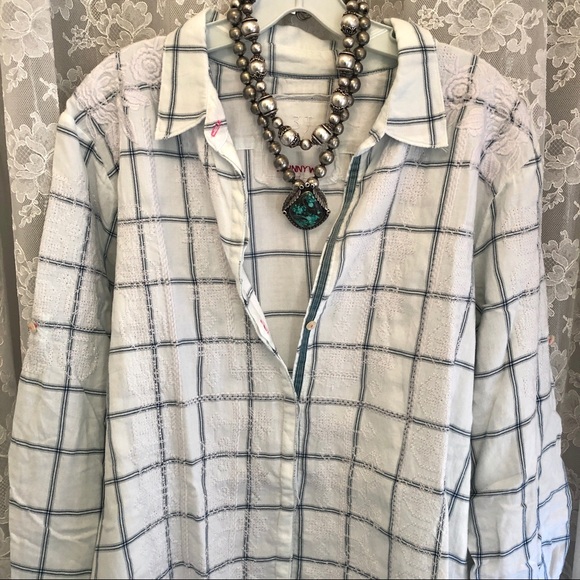 JOHNNY WAS * White Blue Plaid Embroidered Button Front Shirt - Picture 2 of 9